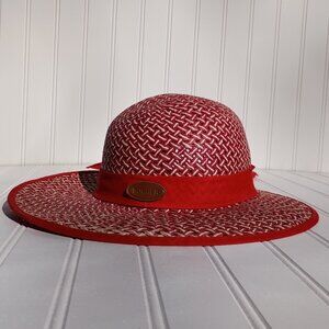Vintage SOMHER Wide Brim Straw Sun Hat Red and White Woven Retro Derby Women's